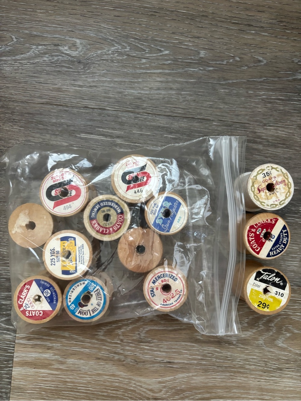 Vintage Lot of 13 Wooden Sewing Thread Empty Spools Labels Fruit of the Loom